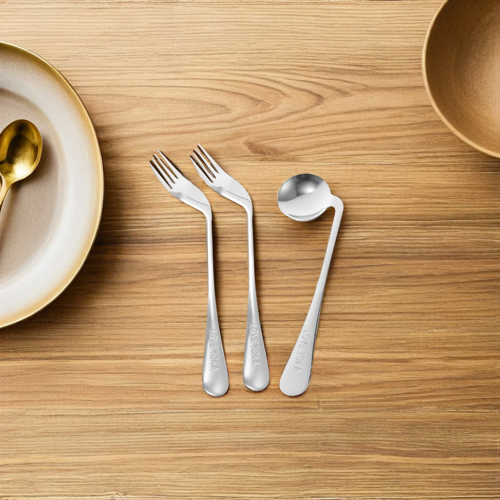 

1 комплект, 1 комплект посуды для кормления из нержавеющей стали для пожилых пациентов, изогнутая ложка, вилка, угловая конструкция, удобная ручка