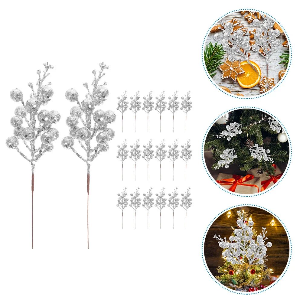 人工ベリーの枝の茎、模造ベリー、シルバーピック、クリスマスデコレーション、20個