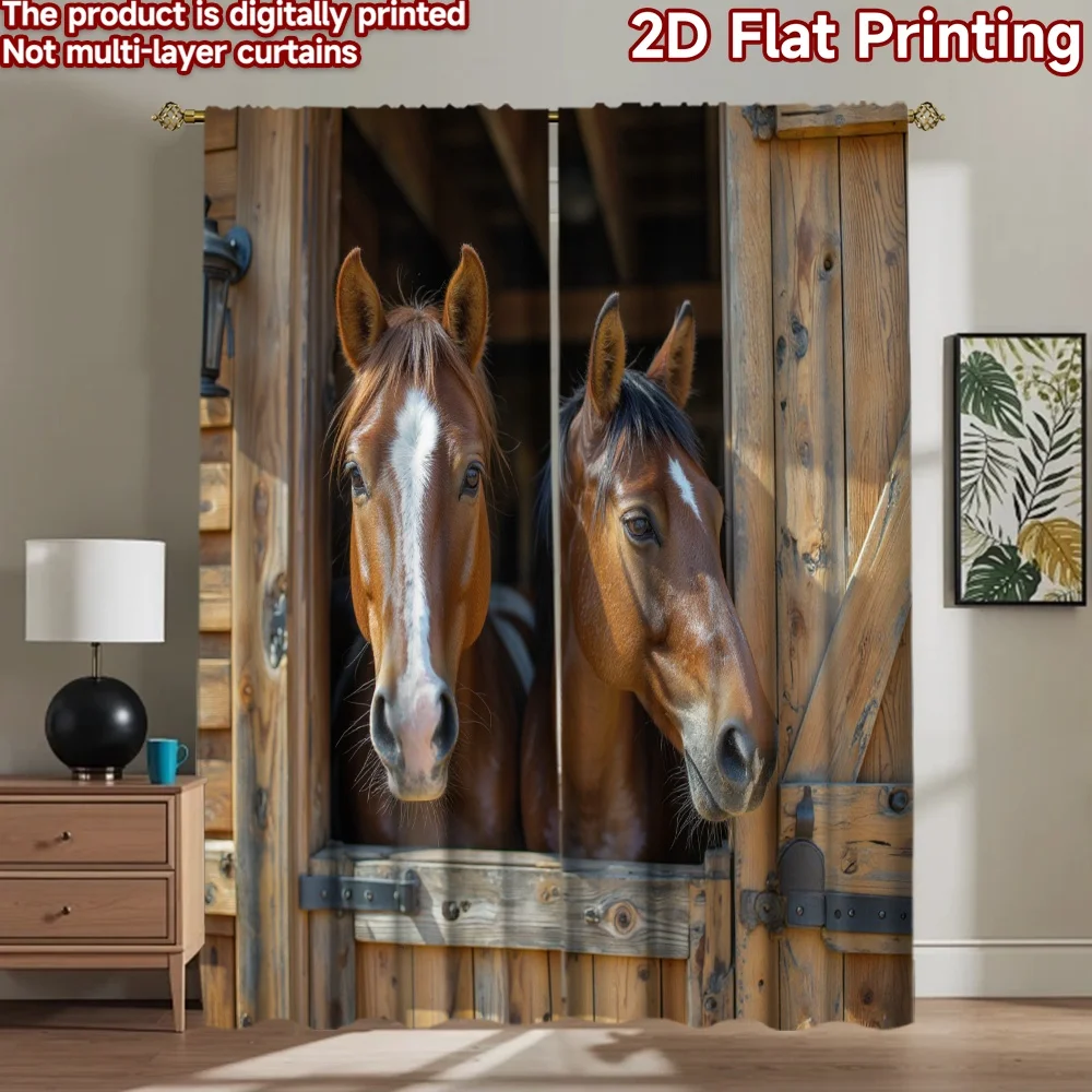 2D flat 2pcs Curtain Country Style Two Horses in Stable Durable polyester fiber Party & Holiday Decor for Door Wall Yard All