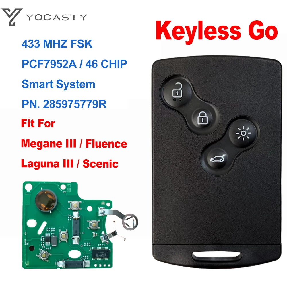 YOCASTY Hands Free Keyless Smart Card Car Key 433MHz PCF7952A For 2009 - 2015 Renault Megane III Fluence Laguna III Scenic 2010