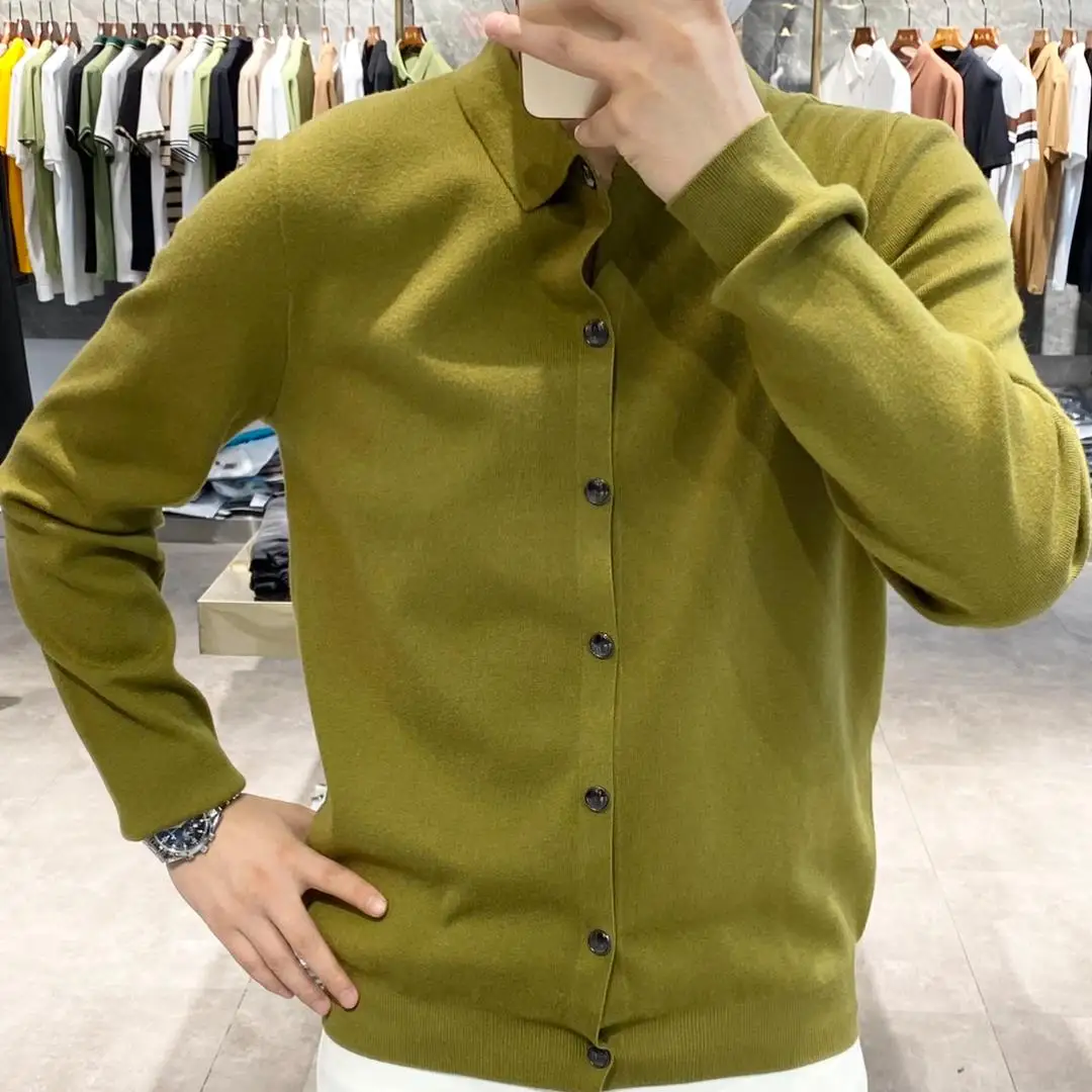 

Элитный шерстяной вязаный мужской кардиган приталенного кроя, модный базовый топ для осени и зимы, городской стиль, длинный рукав