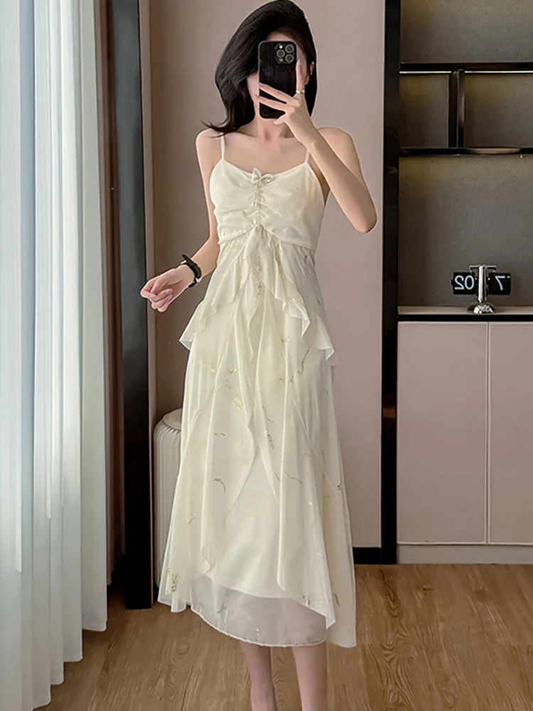 2025 Estate bianco stampa increspato chic fiocco fionda vestito + nappa top camicie due pezzi set donna moda coreana elegante abito casual