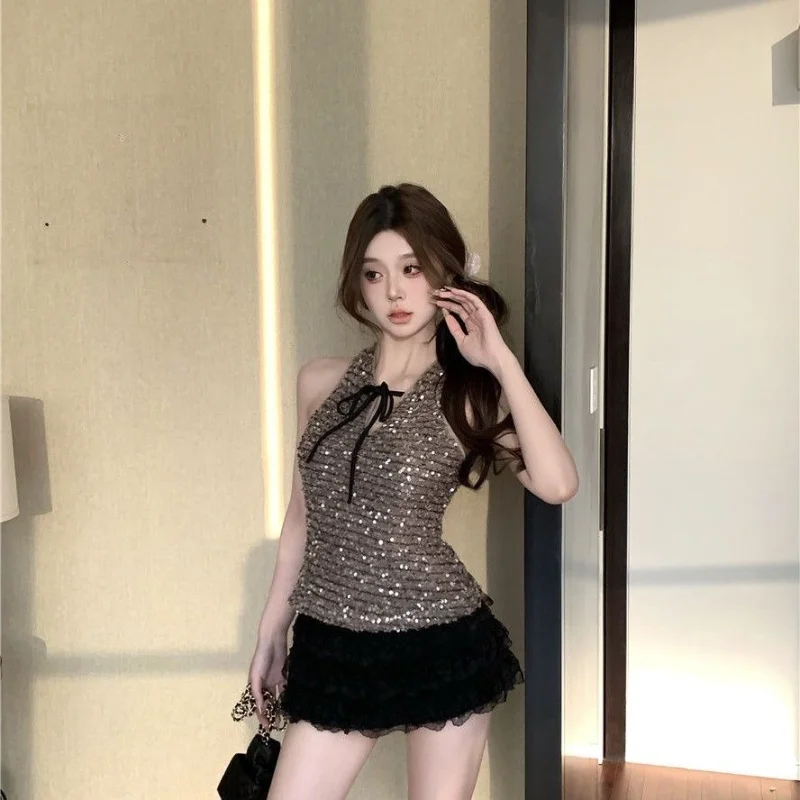 Heavy Industry Sequin Strap Sleeveless Sexy Layered Vest New Slim Fit Design Short Skirt Two-piece Suit