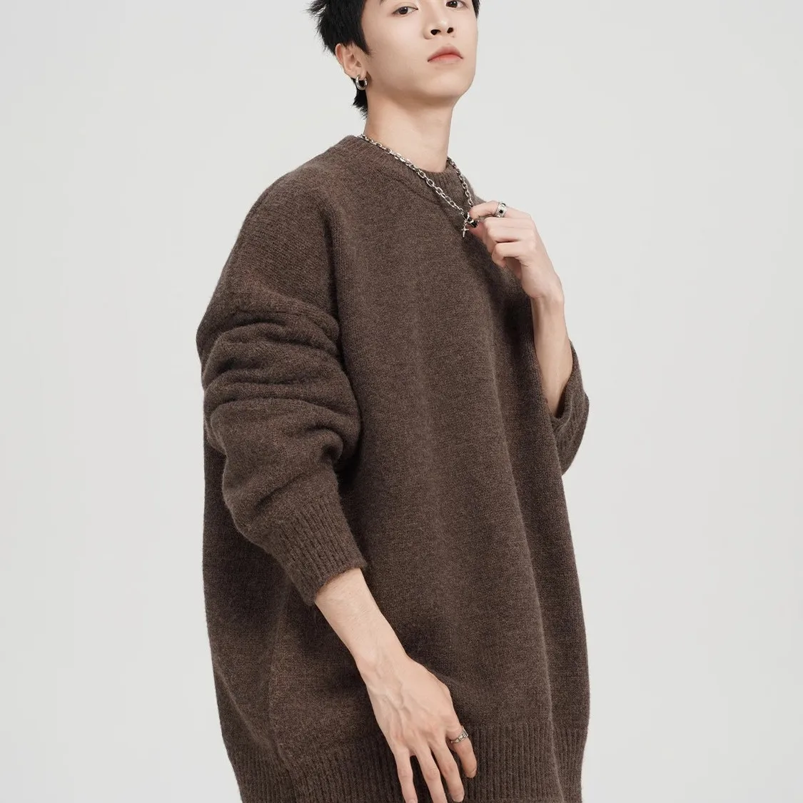 

Американский ретро кофейный круглый свитер Ne, мужской осенне-зимний однотонный универсальный длинный свек, повседневный вязаный свитер для ленивых