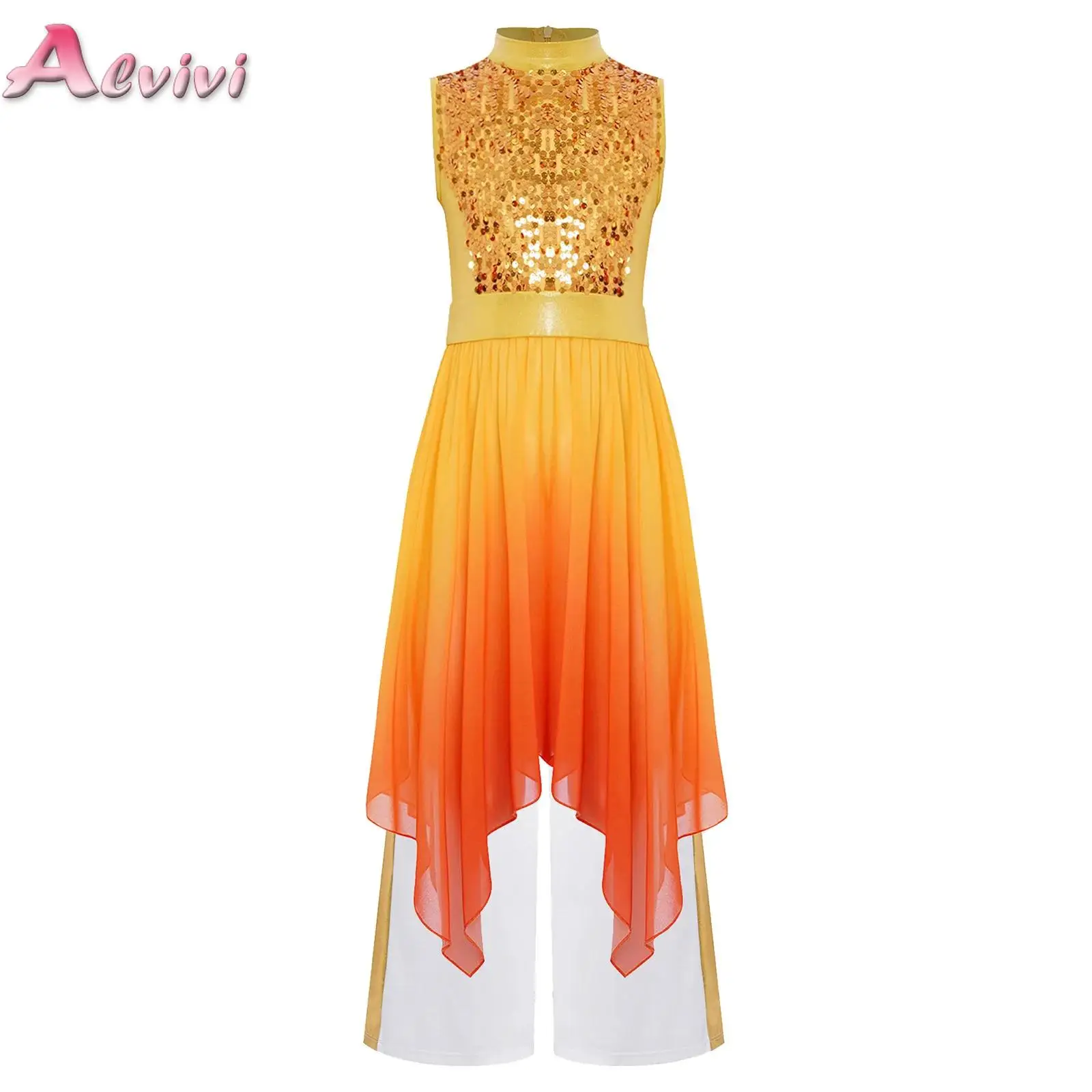 

Kids Girls Liturgical Praise Modern Lyrical Dance Costume Church Choir Worship Gown Metallic Dress with Wide-Leg Pants Outfits