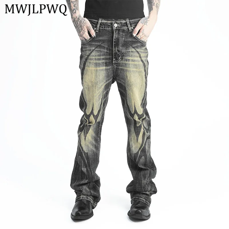 

MWJLPWQ потертые винтажные черные джинсы мужские High Street с принтом низы дизайн хип-хоп расклешенные облегающие брюки 23 осень новинка 11417