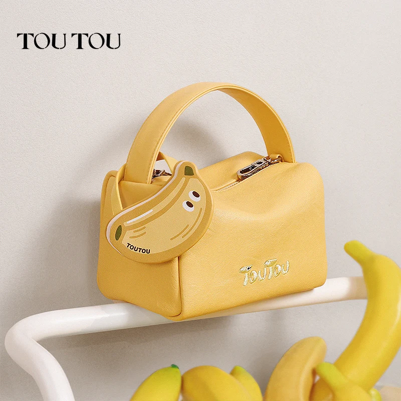 toutou Cute Fruit Mini Handbag, Kawaii Banana/Apple/Cherry Crossbody Bag for Women, Small Faux Leather Tote Bag with Detachable