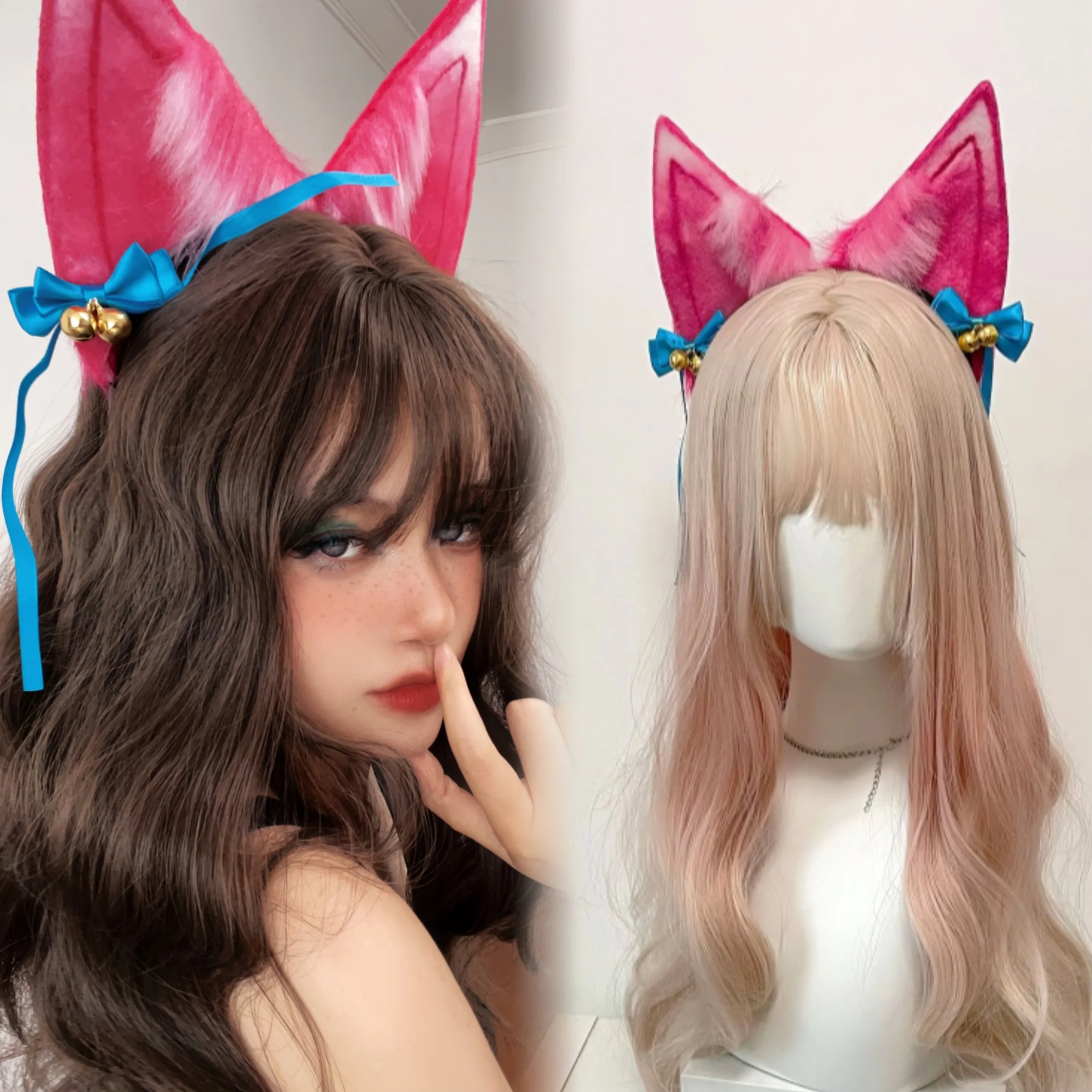 

New Handmade Fox Ahri Cosplay Headband Anime Lolita Cute Fox Ears Headdress Pink Cat Bowknot Bell Hairband Accessory