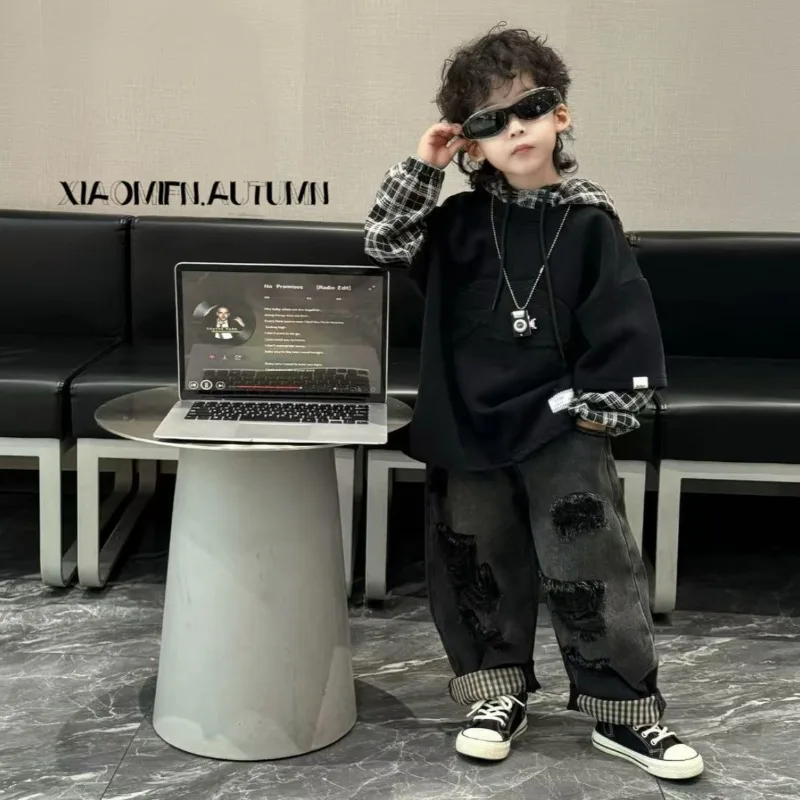 Cool Children's Long Sleeve Set 2025 New Spring and Autumn Checkered Splicing Hooded Sweater+ripped Jeans Two-piece Set