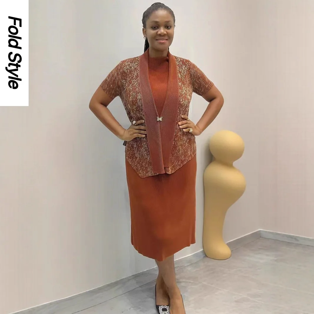 

Miyake Pleated Printed Bronzing Outer Vest Skirt Set Loose 2025 Summer New Women's Clothing Two-piece Set