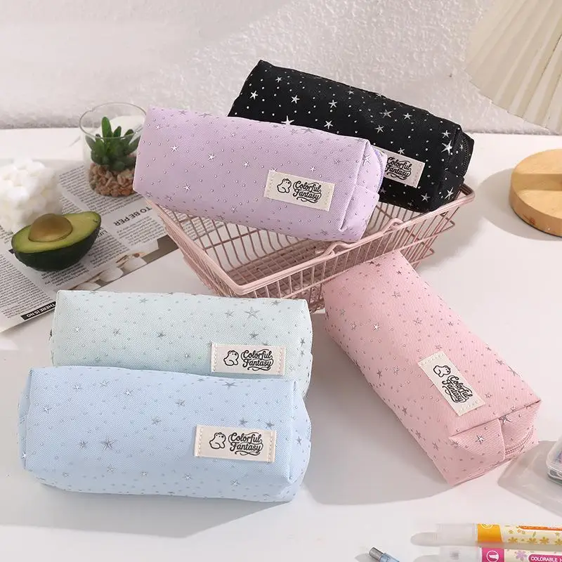 Star Dot Print Canvas Large Capacity Pencil Case Ins Aesthetic Portable Zipper Stationery Bag For Student School Office Cosmeti