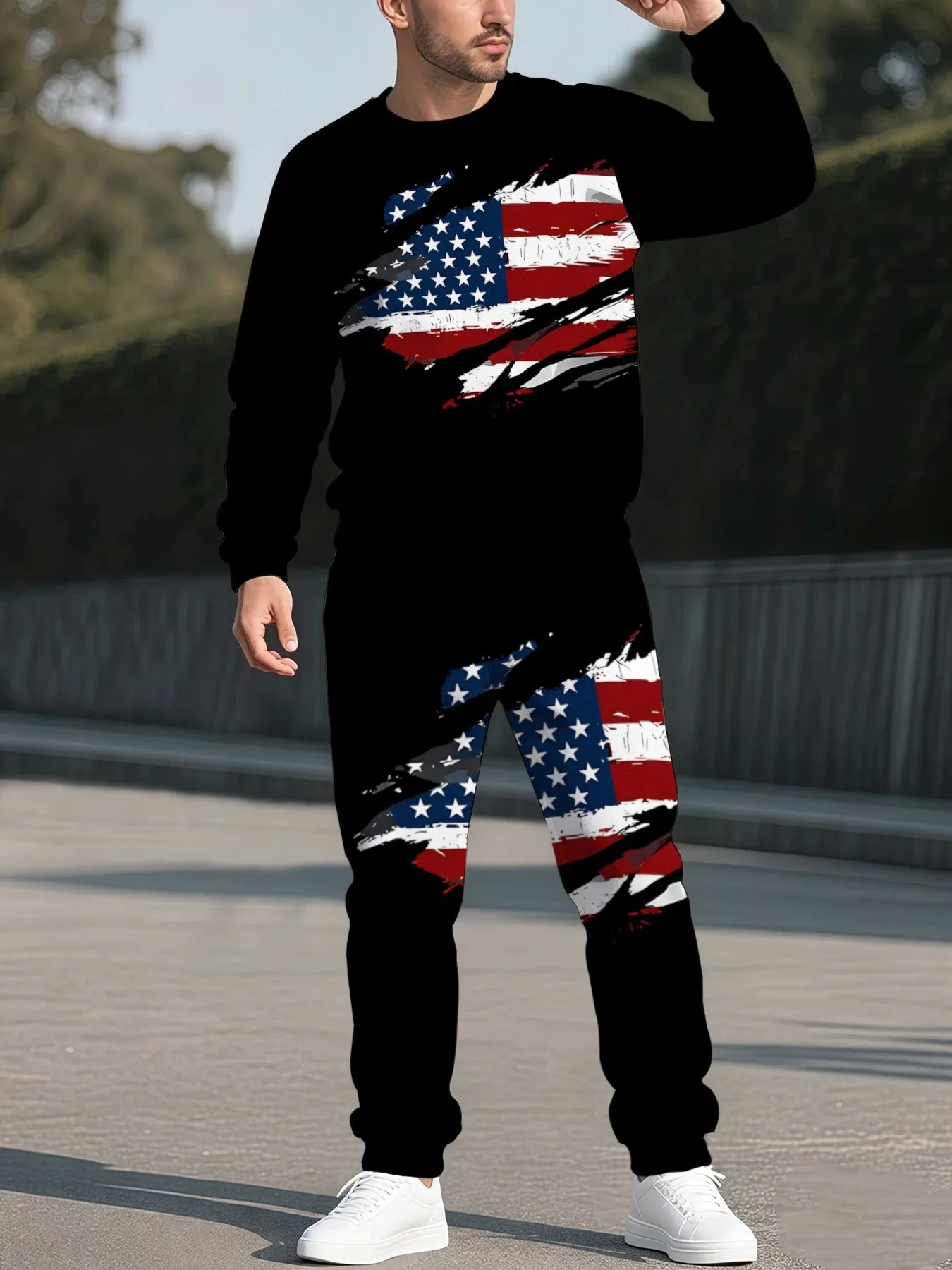 2026 autumn and winter new American street sports fashion casual 3D pattern printed men's round neck sweater set