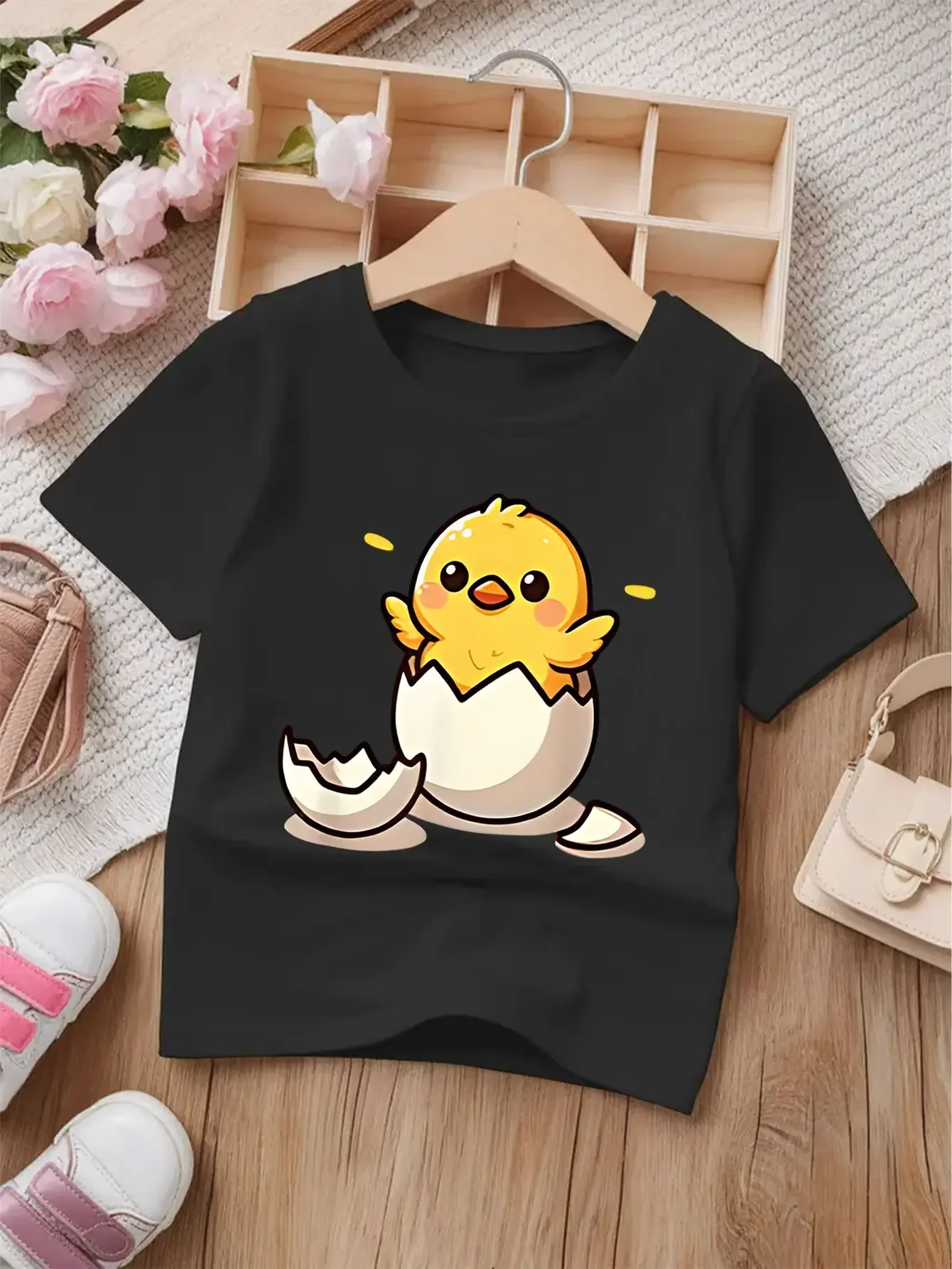 Cheerful Little Chick Breaking Out Of Egg Graphic Short Sleeve Top Cute Farm Creature Design Casual Street Style T Shirt For Chi