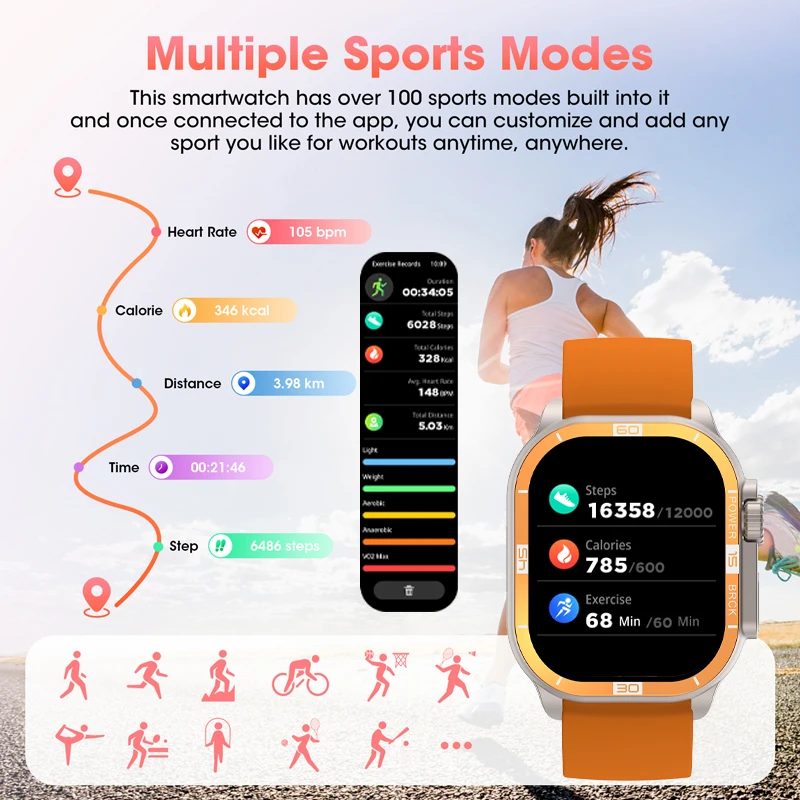 2024 NEW 2.06 Inch AMOLED Smartwatch Support AOD 100 Sports Modes IP68 Waterproof Smart Watch Men Women PK Ultra Series 8