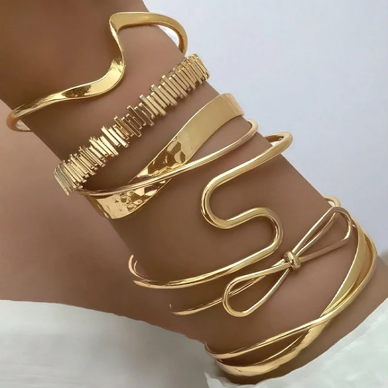 6 uds Vintage exagerado lujoso diseño de lazo geométrico Metal Color dorado brazalete conjuntos de pulseras para mujeres uso diario joyería regalos
