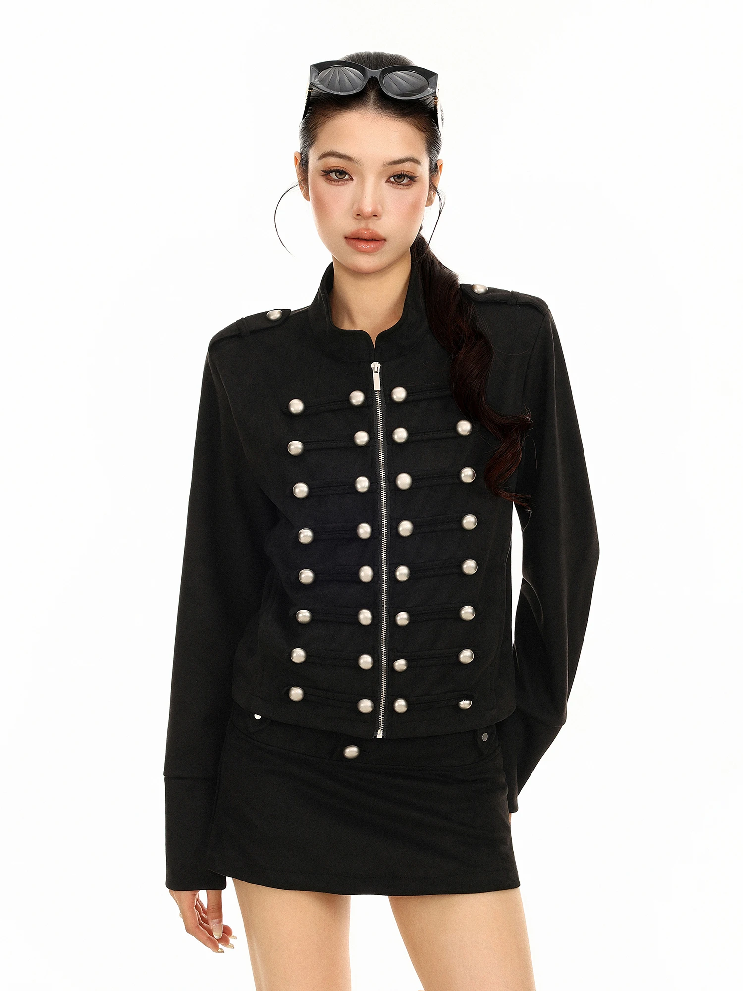 Biggold Napoleon Short Jacket Women's Autumn Vintage Court Style Slimming Coat Metal Button Stand Collar Zipper Long Sleeve Top