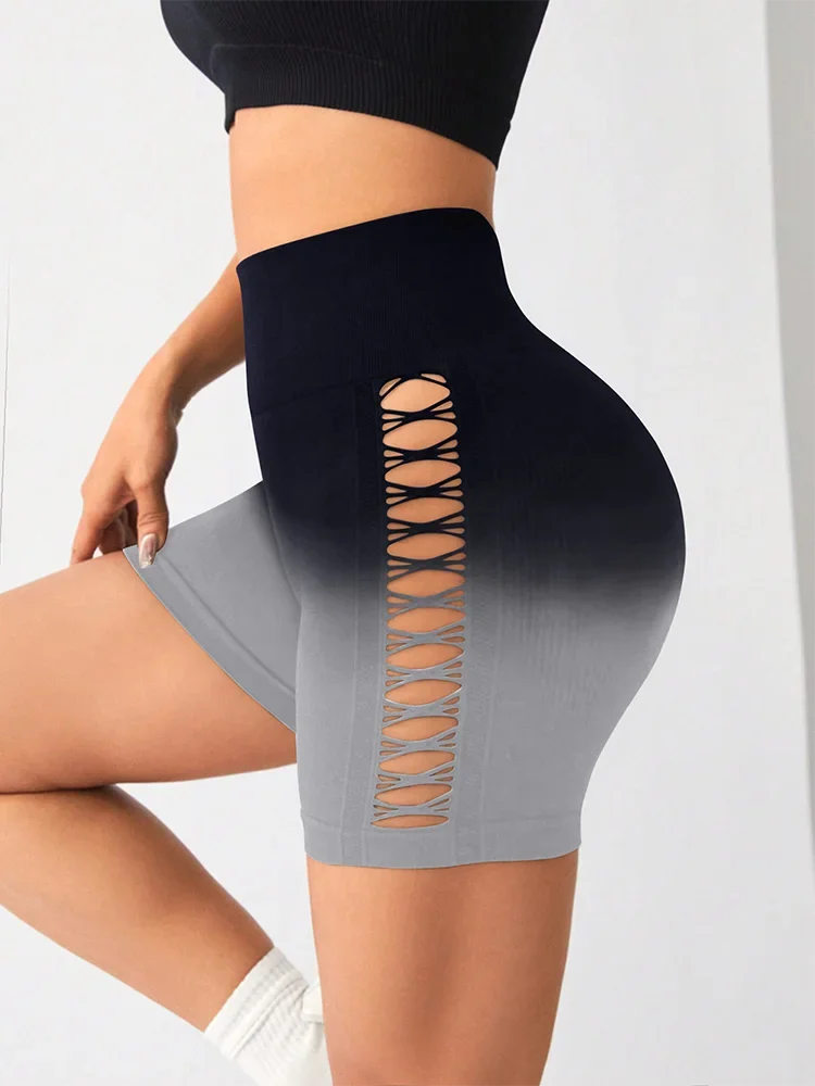 New Gradient High Waist Mesh Yoga Shorts Women\'s Running Fitness Hip Tight Sports Three-point Pants Gym Shorts  biker shorts