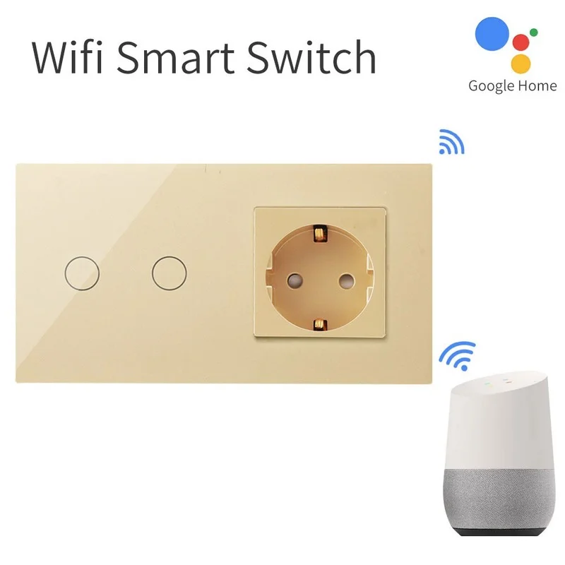 Bingoelec Wifi Wall Touch Switches with Normal EU Socket Glass Panel 1/2/3Gang Google Alexa Light Switches Tuya App Control