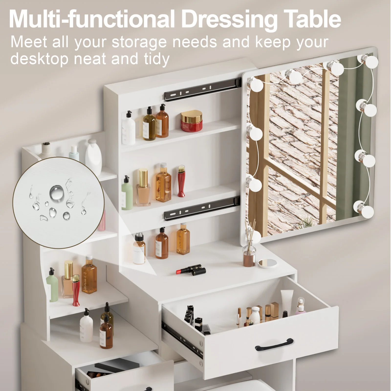 Modern White Dressing Table Stool Set with LED Light Mirror Vanity Make up Desk