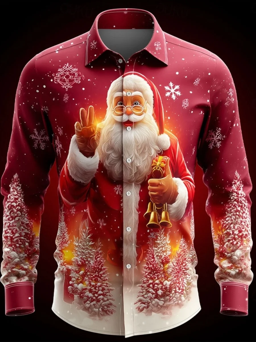 

2026 new men's Christmas style button-up shirt, 3D patterned collar, red casual and fashionable banquet long-sleeved shirt