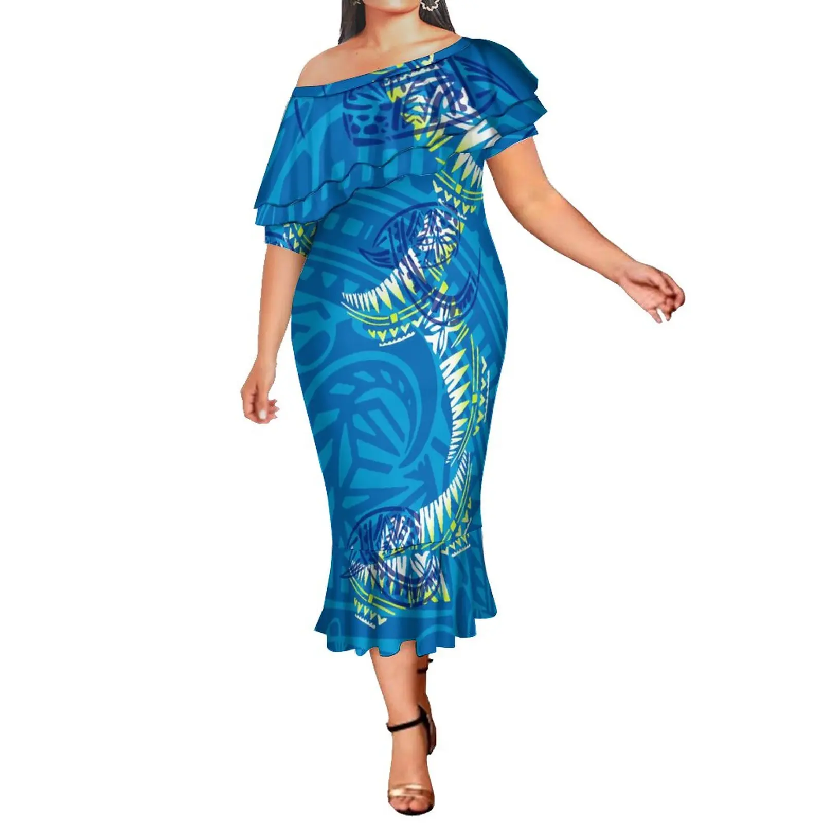 2022 1 MOQ Oversize 8XL Big People Fashion Double Ruffle Mermaid Dress Tongan Polynesian Off Shoulder Fishtail Dresses For Club