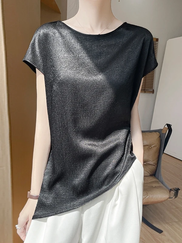 Silk Short Sleeve T-Shirt Women Summer round Neck Asymmetrical Design Slimming Shirt Top Comfortable Breathable Sweat Absorbent