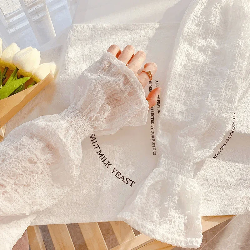 

Summer Outdoor Sunscreen Cute Girl Korean Edition Loose Lace Sleeves Solid Color Sleeves Women's UV resistant Ice Silk Sleeves
