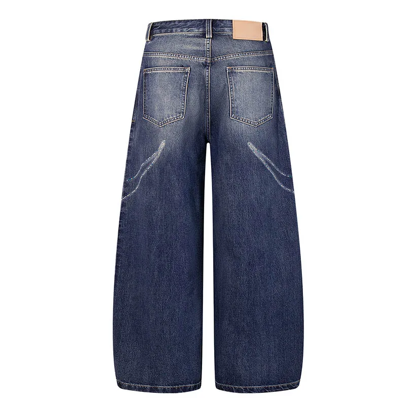Pantaloni jeans hip-hop stampati con trapano vintage Pantaloni larghi streetwear casual in denim per uomo blu
