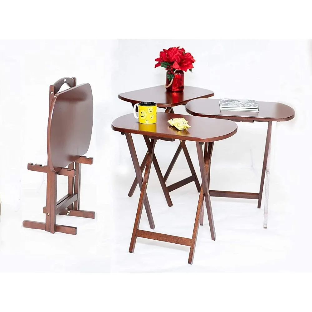 

Tray Tables Set of 4 with Stand TV Couch Eating Coffee Tea Oversize Portable Dark Wooden Rustic Folding Serving Travel Foo