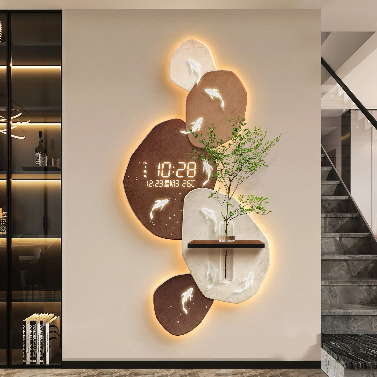 Nine Fish Painting Living Room Luxury Wall Clock Digital Wall Art Feng Shui Entrance Decoration Perpetual Calendar High-End Crea