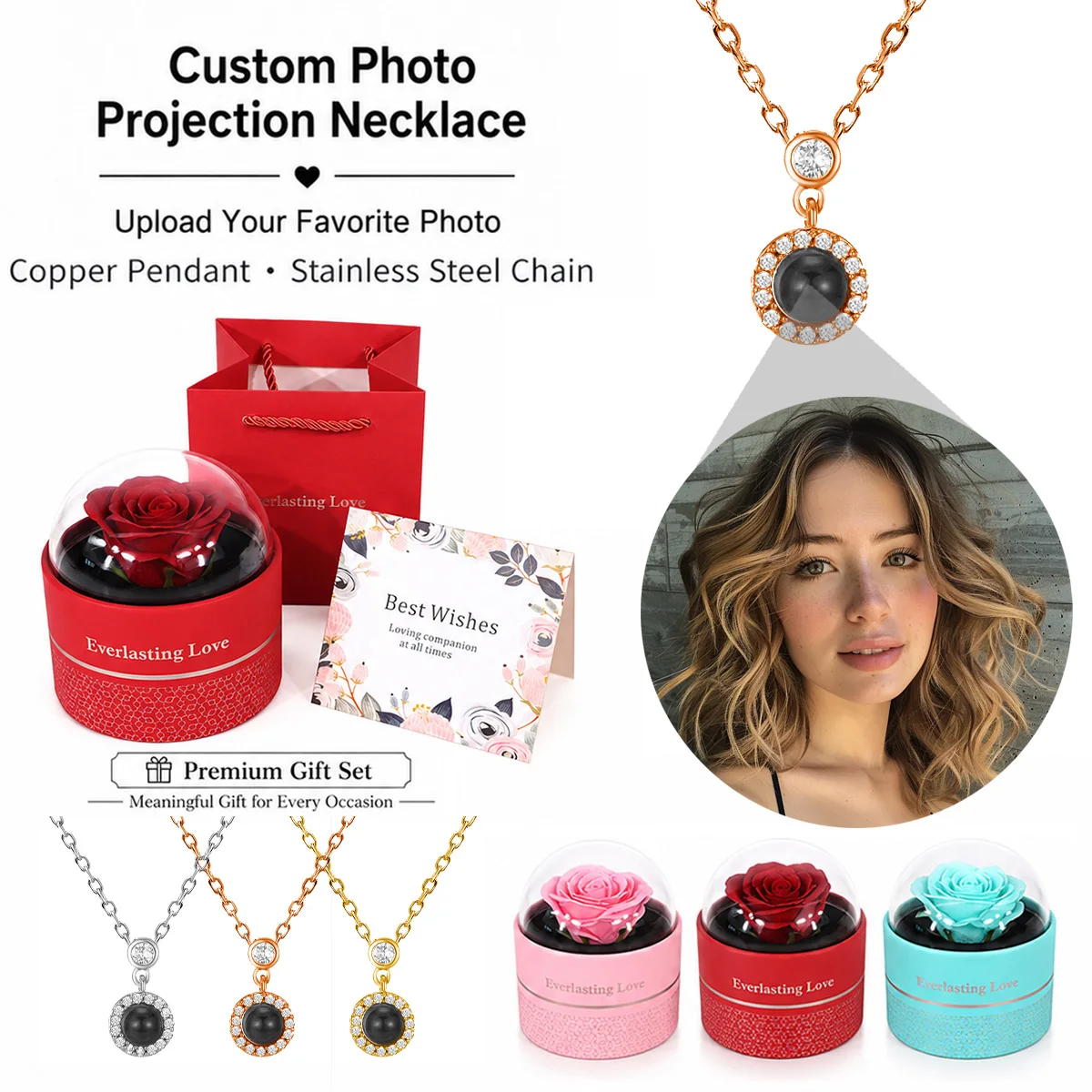 Custom Color Photo Projection Round Necklace Rose Gift Box Stainless Steel Chain Valentine's Mother's Day Anniversary For Women