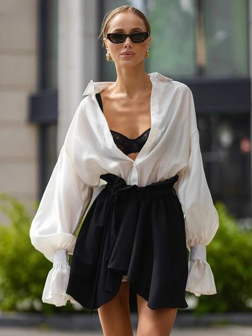 

Модная свободная белая офисная женская рубашка, повседневные блузки с лацканами и рукавами-фонариками, элегантный классический топ, женская одежда