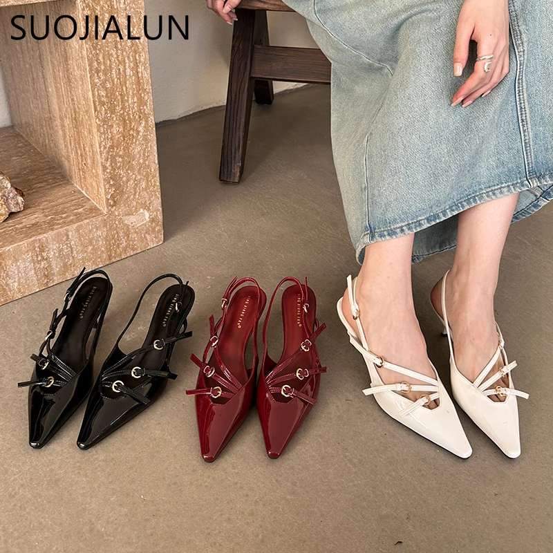 SUOJIALUN 2024 Spring New Brand Women Sandal Fashion Narrow Band Shallow Slip On Slingback Shoes Thin High Heel Dress Sandal Sho