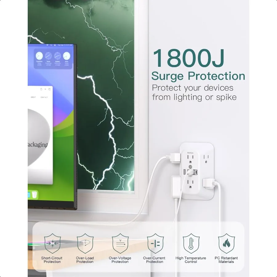 عرام حامي المخرج موسع 6 منفذ الفاصل مع 4 USB الجدار شاحن 2 منافذ USBC متعددة التوصيل الجدار المخرج 1800J قطاع الطاقة