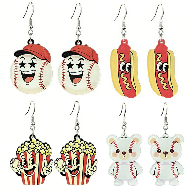 12 Pairs New Baseball Season Acrylic Earrings Baseball Elements Cute Fun Popcorn Earrings Sports Style Earrings Wholesale