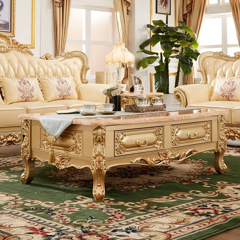 

European high-end marble coffee table pure solid wood villa size oak coffee table