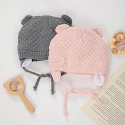 Bear Earpuff Textured Knit Hats for Newborn Baby Boys Girls Thick Warm Winter Ear Protection Caps Cotton Lining Kids Headwraps