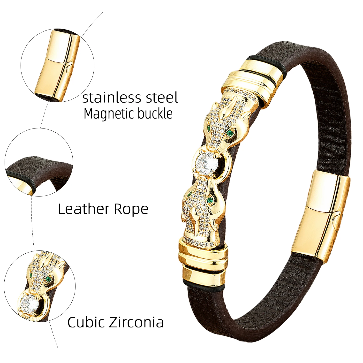 Luxury Micro Inlay Zircon Snake Shape Charm Bracelets For Women Personality Leather Rope Designer Bangle Stainless Steel Jewelry