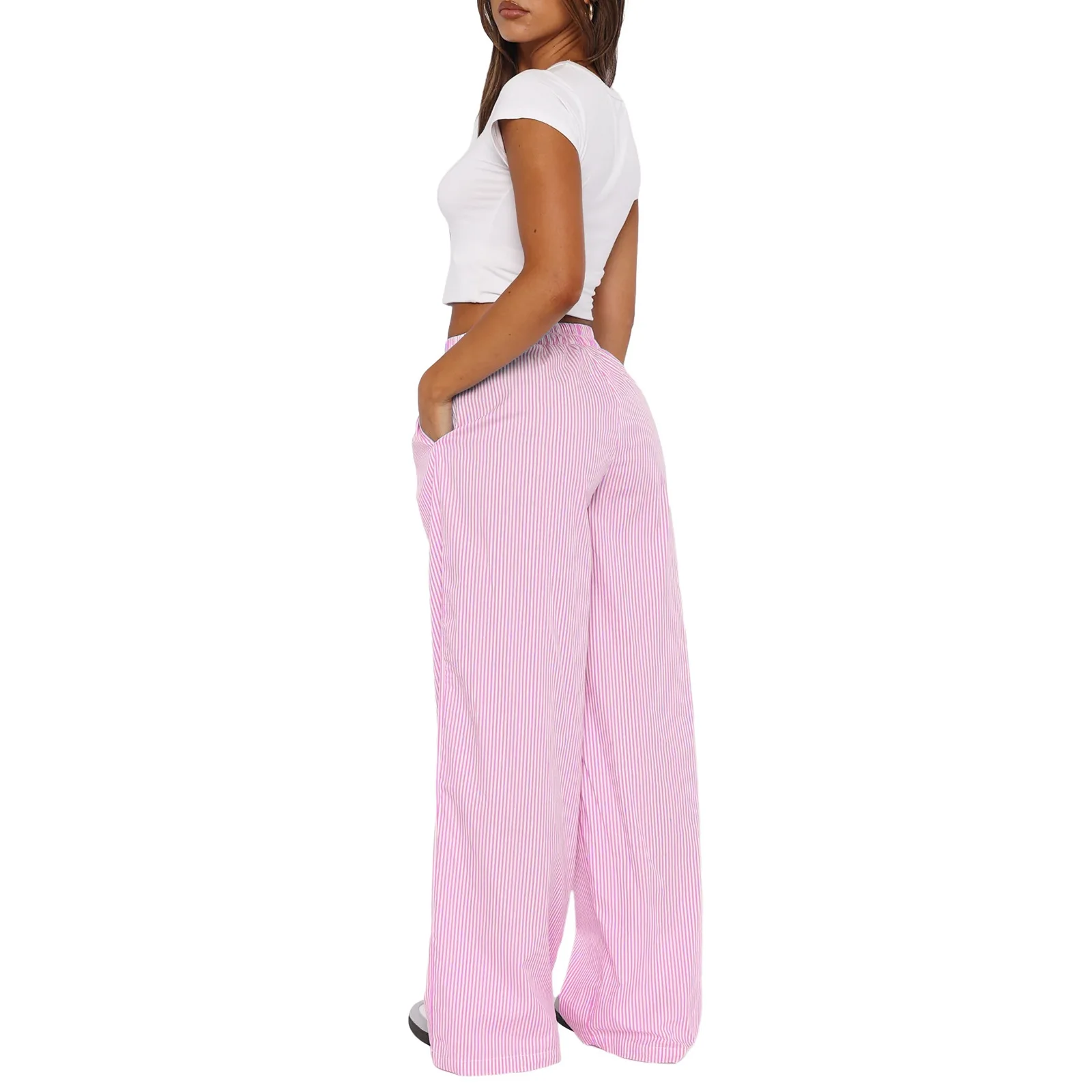 Y2K Striped Print Long Pant Women Elastic Waist Wide Leg Pants Fashion Casual Cotton Straight Trousers