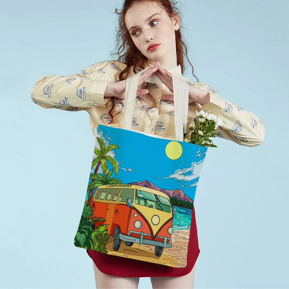 Fashion Happy Camper Art Cartoon House Tote Handbag for Women Casual  Both Sides Colorful Travel Car Lady Canvas Shopping Bag