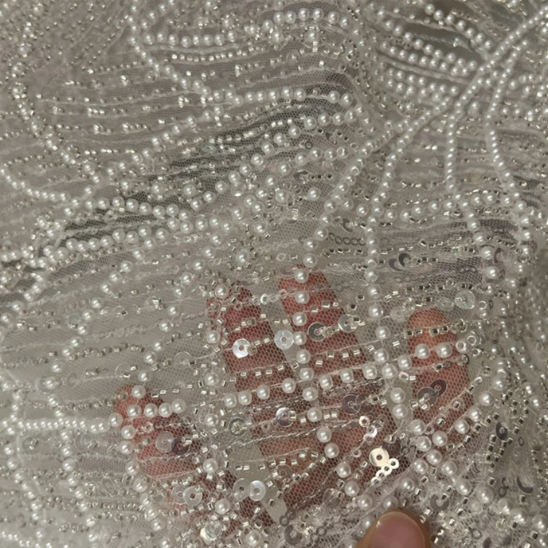 Embroidered Lace Fabric Bead Sequin Mesh for Wedding Dress Show Clothing Designer Diy Sewing Material Cloth By The Meter
