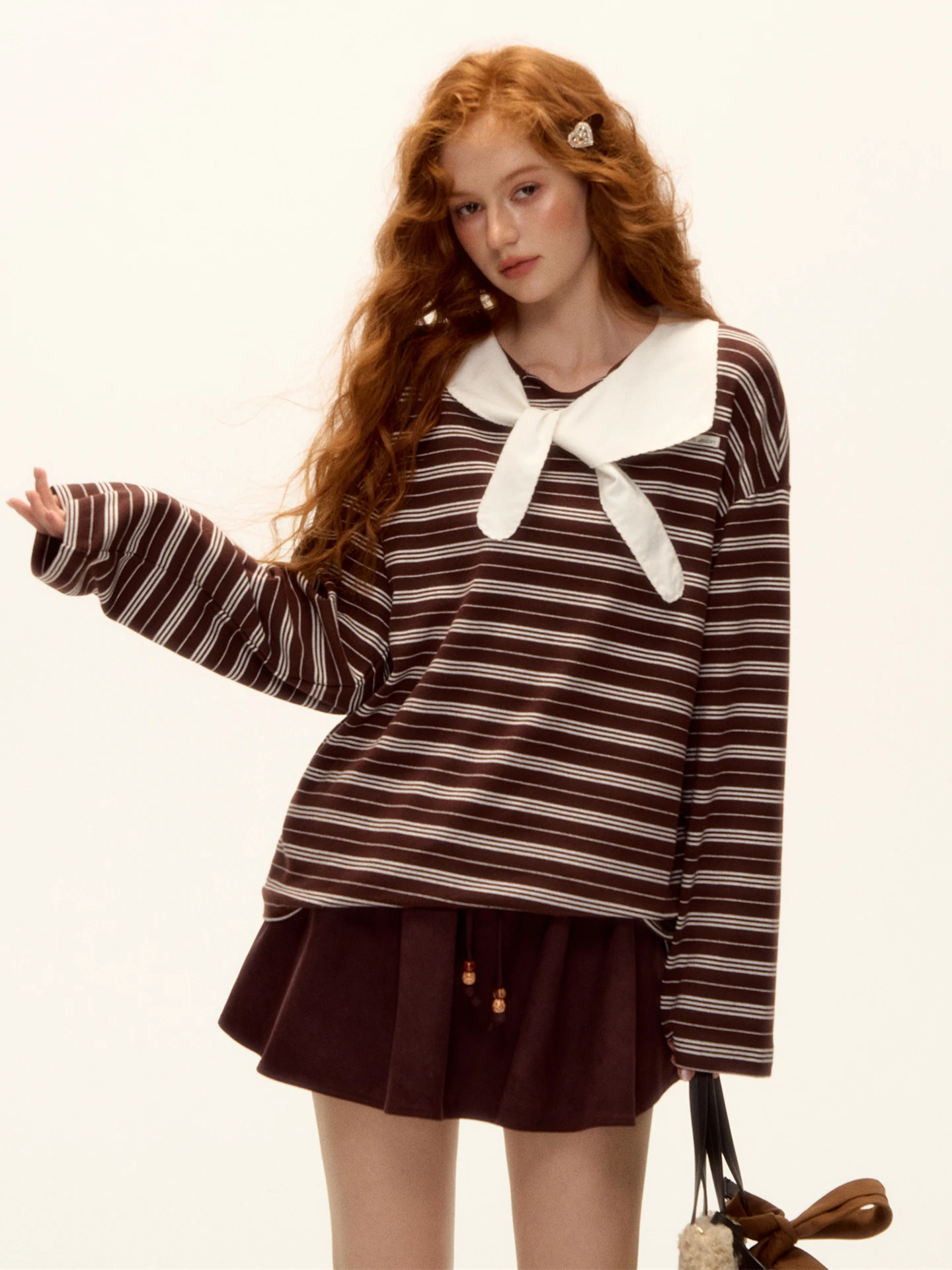 

Свободная женская футболка с длинным рукавом AsGony, коричневая в полоску, в американском ретро-стиле, универсальная, повседневная, с завязками