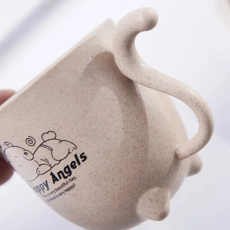 Cute Cartoon Wheat Straw Plastic Tumbler with Handle for Water, Coffee, Milk, Tea Unbreakable Reusable Drinking Cup