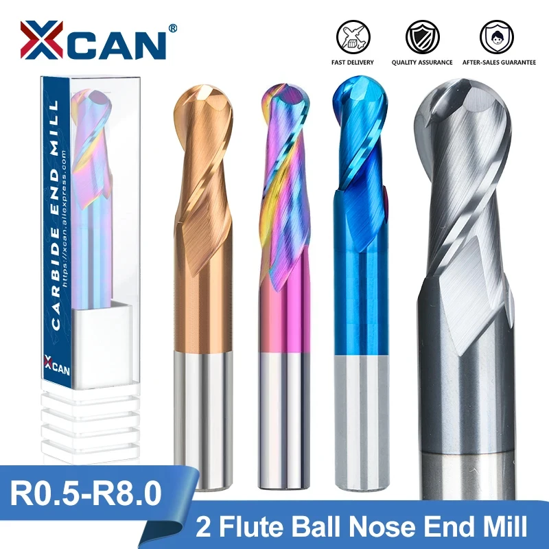 XCAN Milling Cutter Ball Nose End Mill R0.5-R8 Spiral Carbide Milling Bit Metal Milling Tool Cutter 2 Flute CNC Router Bit