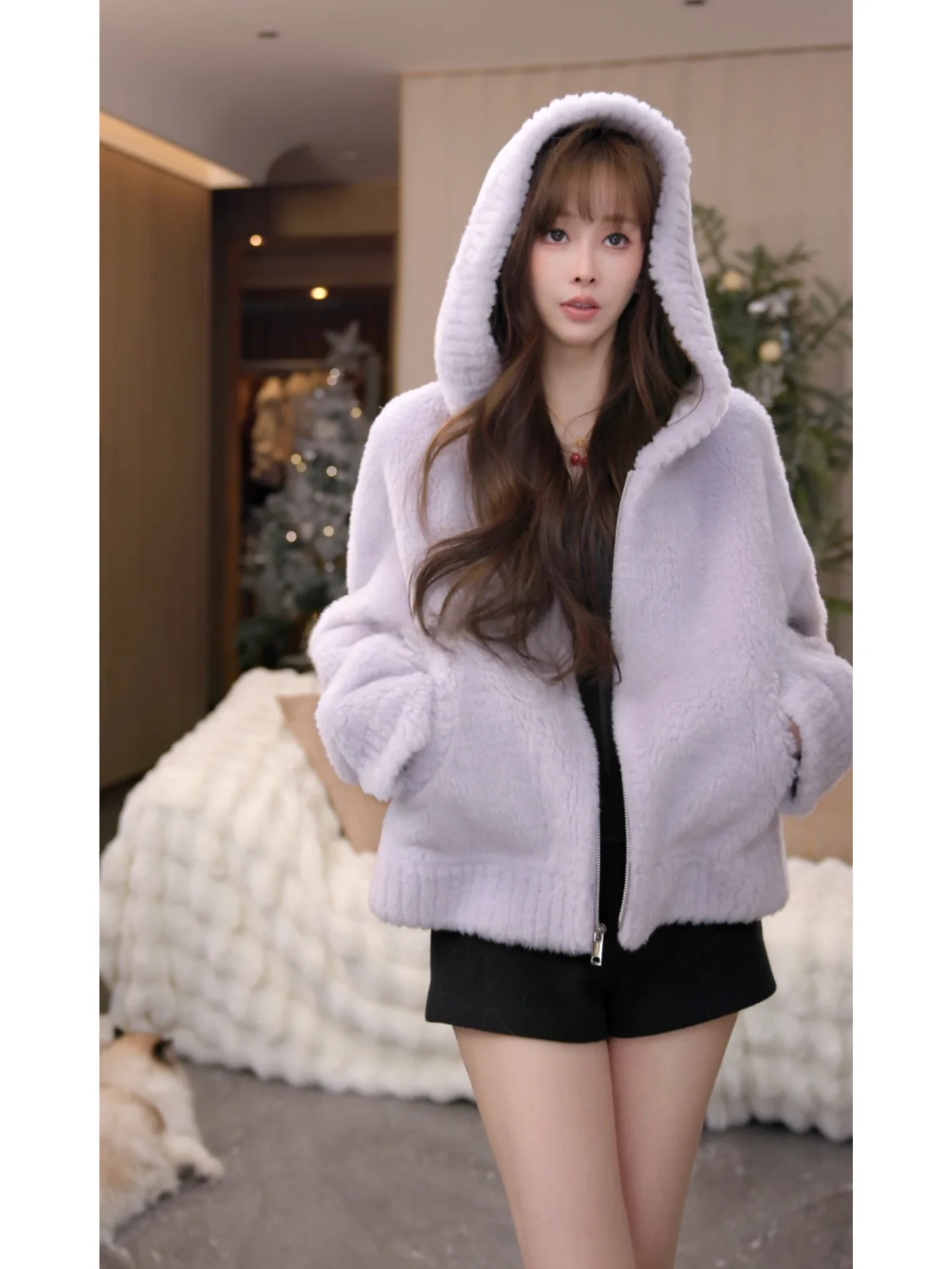 

Мягкое утепленное женское меховое пальто с капюшоном, теплое, приталенное, зимнее, в корейском стиле, повседневное, модное, шерстяное, короткое пальто/куртка