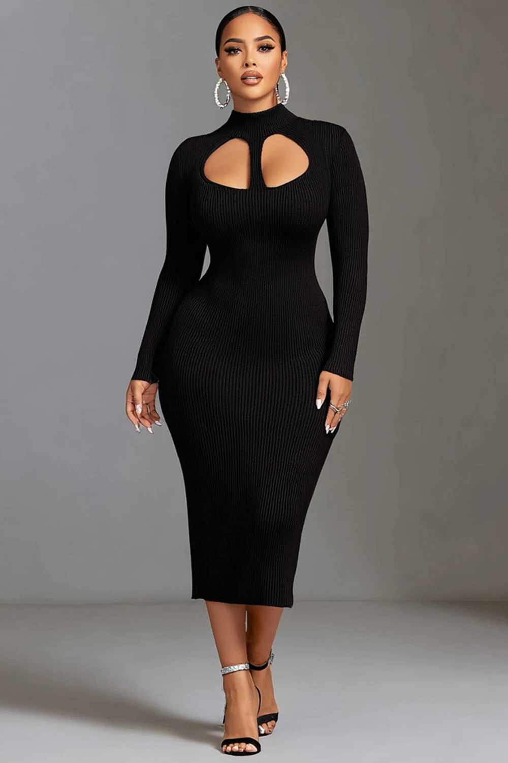 

Plus Size Business Casual Black Mock Neck Long Sleeve Cut Out Casual Rib Knit Midi Dresses