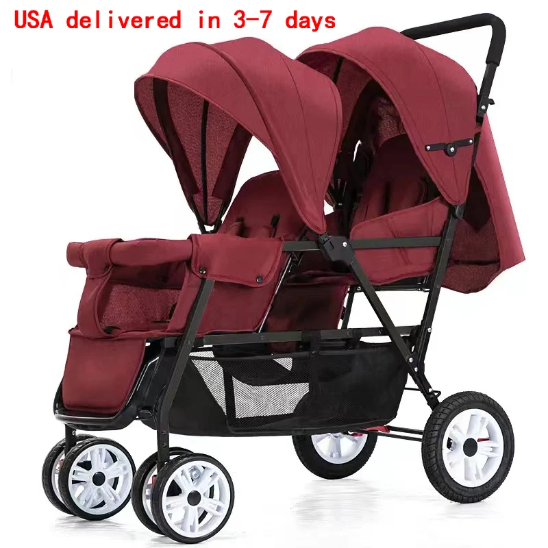 รถเข็นเด็กคู่ Double Carro Para Bebés Gemelos สําหรับทารกแรกเกิด Prams ทารก Buggy ด้านหน้าและด้านหลังที่นั่งโกหกพับได้