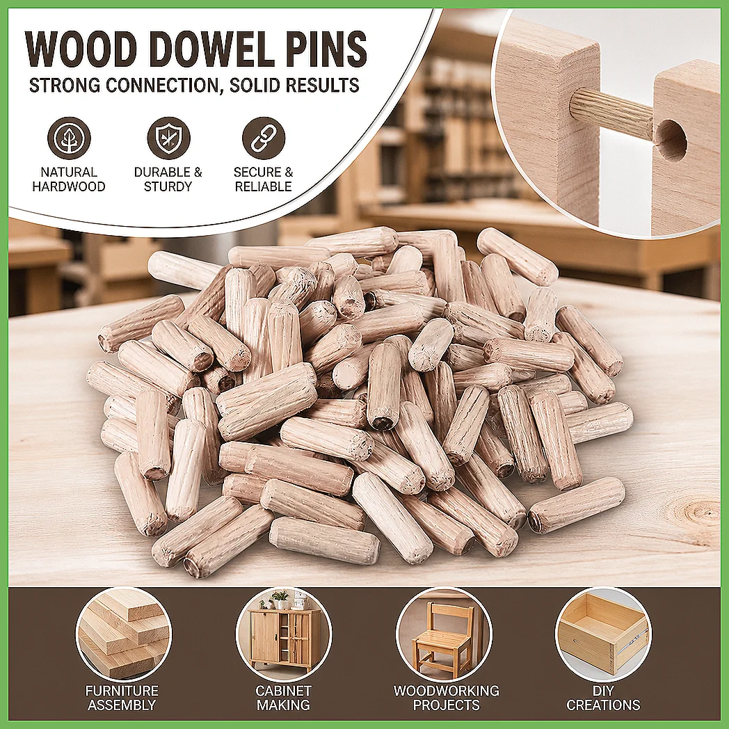 100Pcs Wooden Dowel Pins 6x20-10x30mm Kiln Dried Fluted Beveled Hardwood Furniture Repair Connector Assortment