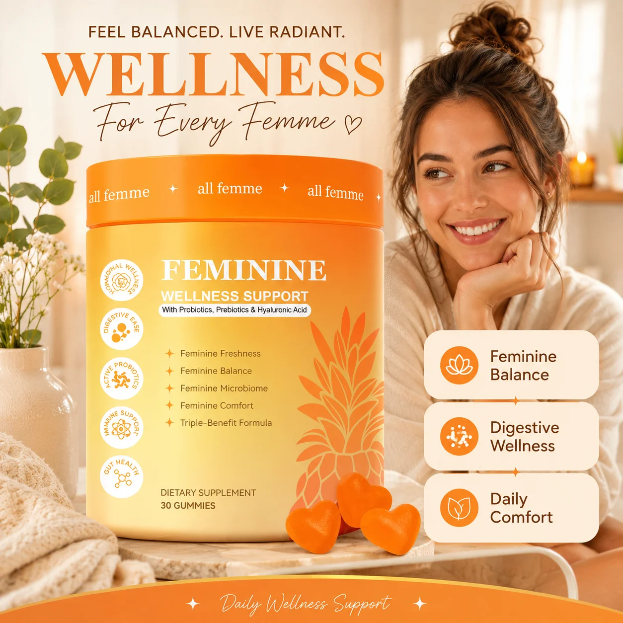 Women's Feminine Wellness Support Gummies with Vitamin B6, Zinc, Inulin & Hyaluronic Acid, for Digestive Balance, 30 Gummies