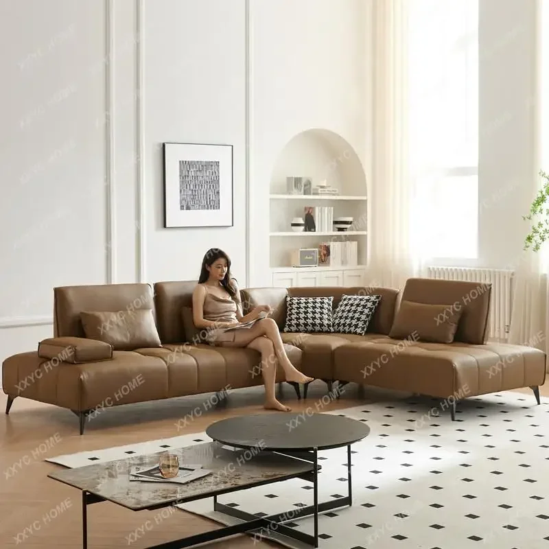 

Italian Leather Sofa Light Luxury Minimalist Caramel Brown Large Apartment Horizontal Hall Function